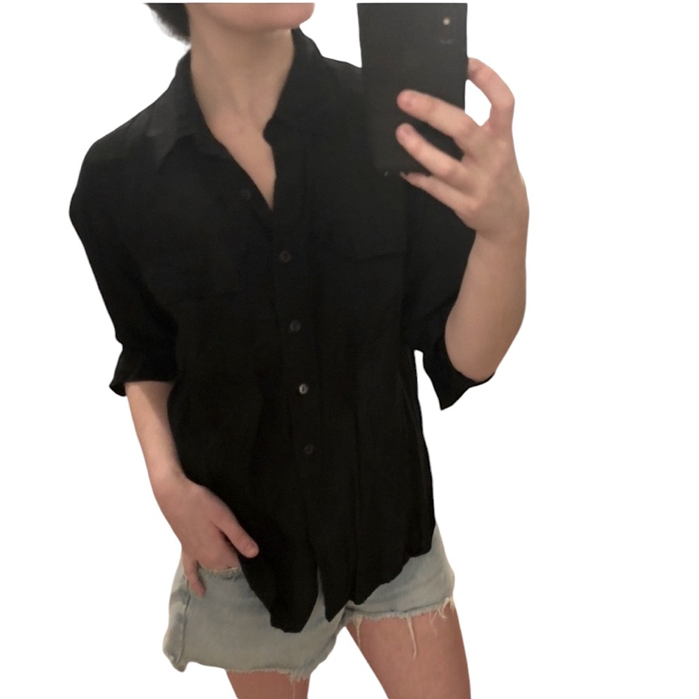 Vintage Joanna Black Silky Relaxed Long Sleeve Button Down Top Shirt Blouse M - Picture 2 of 16